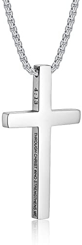 ZRAY Cross Necklace for Men Inspirational Bible Verse Cross Pendant Stainless Steel Cross Chain 22+2inch Christian Jewelry Meaningful Religious Gift for Men(S-4:13)