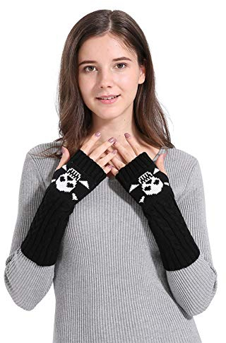 ITODA Handschuhe Damen Fingerlose Fäustlinge Winter Strick Armstulpen Skelett Winterhandschuhe Halb Fausthandschuhe mit Daumenloch Strickhandschuhe Warm Mittellang Handwärmer Stulpen Tippen Fahren