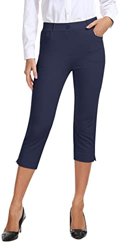 AjezMax Damen Golf Hosen Capri Stretch Freizeithose Hohe Taille Straight Yoga Hose Elegante Hosen mit Tasche Marineblau M