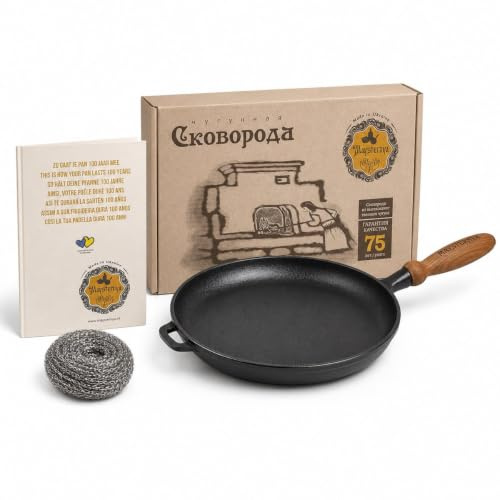 WDMT Maysternya Poêle à crêpes en fonte avec manche en bois - Poêle en fonte pour toutes les sources de chaleur - Poêle à crêpes - Fonte de qualité supérieure - Noir (ø 24 x 2,5 cm)