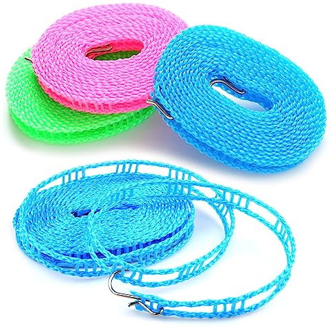 4 Stück Rutschfeste Wäscheleine, 5m Winddichte Wäscheleine Wäscheleine Camping für Garten Reise Innen und Außenbereich(Grün, Blau, Pink)