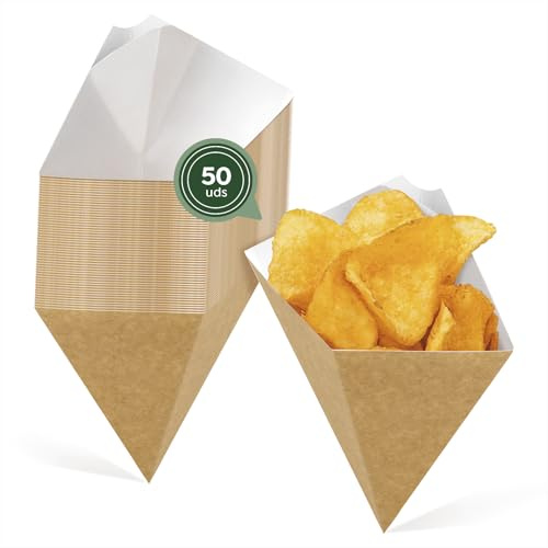 MAXI PRODUCTS - 50 Envases Cono Cartón Kraft con Salsera - 16,5 x 19,5 cm - Capacidad 250 cc - Antigrasa y Resistente a Aceites - Doble Capa Aislante - Aperitivos y Catering - LISTO PARA USAR