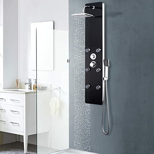 Duschpaneel, BULANED Duschsäule, Regendusche, Duscharmatur Regendusche, Duschsystem, Dusche Armaturen, Regenwasserdusche, Glas 25×44,6×130 cm Schwarz