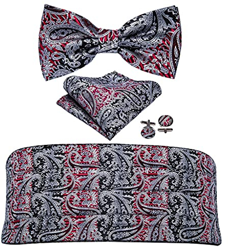 RWRAPS Seide Herren Kummerbund Floral Fliege Einstecktuch Manschettenknopf Set Smoking Anzug Zubehör Elastische Gürtel Hochzeit (Farbe: A, Größe: Einheitsgröße) (A Einheitsgröße)