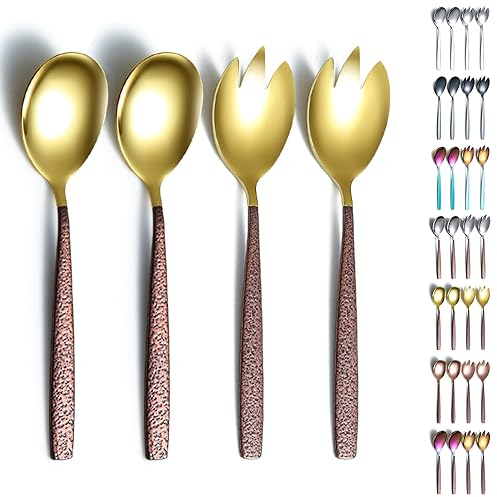 Evanda Ensemble de Couverts à Salade, Ensemble de Service de Salade en Acier Inoxydable poignée Brune et tête en Or Brillant, cuillère à Salade, serveurs à Salade, Fourchette à Salade, Paquet de 4