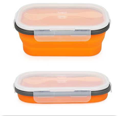 Lunbengo Tragbare Bento-Box, Lunch-Behälter, 1000 ml, Silikon-Lunchbox mit Deckel, zusammenklappbare Lebensmittelbehälter für Camping, Büro, Picknick, Reisen, mit 2-in-1-Gabel und Löffel