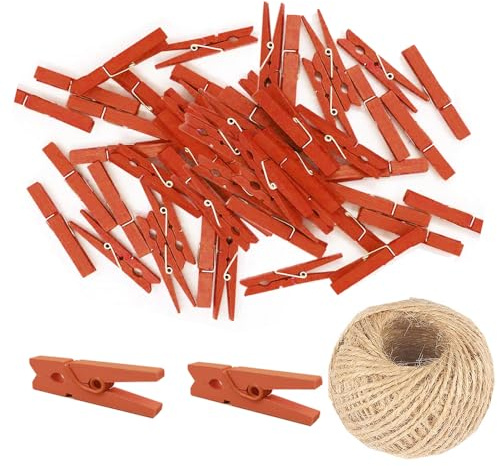 Lot de 200 mini pinces à linge en bois naturel de 25 mm avec ficelle de jute de 25 m (orange)