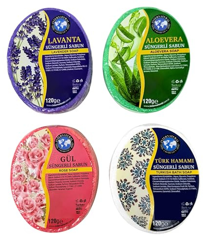 Purlavie Peeling-Schwamm-Seife 4er Set – Natürliches und erneuerndes Reinigungserlebnis mit Aloe Vera, Lavendel, Rose und türkischem Bad für feuchtigkeitsspendende und tiefe Reinigung
