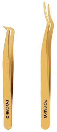 POCMKO Clusters DIY Lash Applicator Sets, 2 PCS Eyelash Tweezers, Lash Applicator Tool, Gold Eyelash Tools Sets, Eyelash Precise Applicator, Lash Tweezer for DIY Eyelash Extensions (Gold)