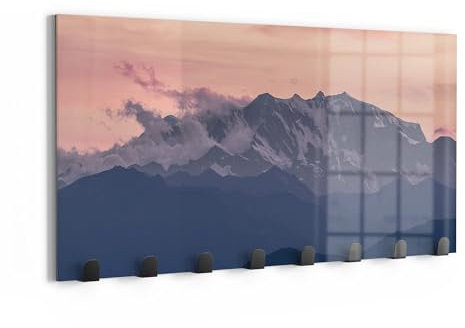 DEQORI Wandgarderobe Glas & Metall | Motiv Alpenabendglanz | 60x30 cm | Design Haken-Leiste modern | Garderoben-Paneel für Flur, Wohnzimmer & Schlafzimmer | magnetisch & beschreibbar