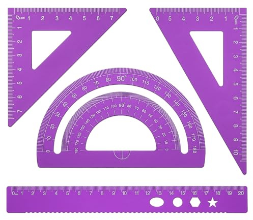 PATIKIL Set di Squadra Triangolare, Righello Metrico da 20cm in Alluminio, Squadra Triangolare 45°60° e Goniometro, 4Pz, Viola