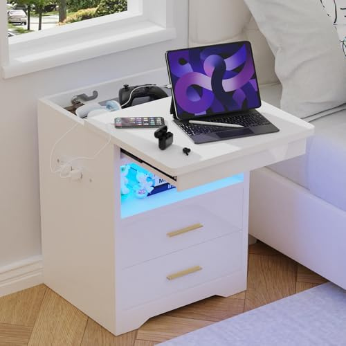 ARunThLana Table de Chevet avec éclairage LED et Station de Recharge, avec 2 Tiroirs, Couvercle Coulissant, Buffet à tiroirs verrouillables,pour Salon, Chambre, Bureau,Blanc