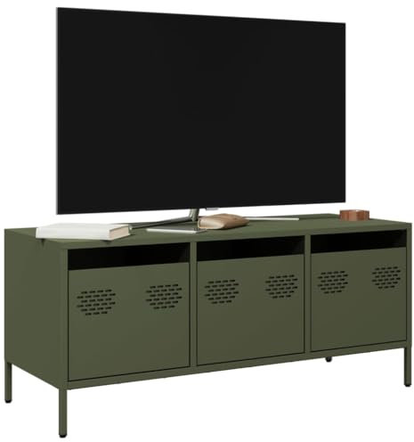 Sufrk Meuble TV vert olive, 101,5 x 39 x 43,5 cm, en acier laminé à froid, meuble TV mobile, meuble de télévision, meuble industriel, table basse vintage, console pour salon