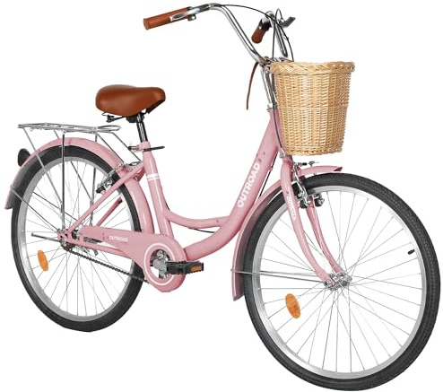 MarKnig Beach Cruiser Bike, 24/26 inch Commuter Bicycle for Adult Women,High-Carbon Steel/Front & Rear Fenders, Comfortable City Bikes with Basket, Ergonomic Design 26 Pink