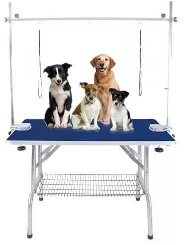 HJYryhyfddply 110 cm Großer, Faltbarer Trimmtisch für Hunde mit Verstellbarem Arm, Klemmen, Zwei Pflegeschlingen, Maximale Tragkraft Bis Zu 120 Kg für Hunde Und Katzen(Blue)