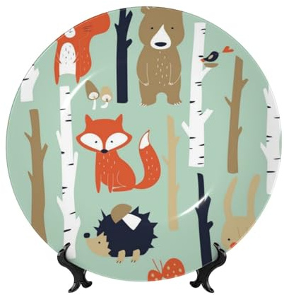 ESNAIUVCD Assiettes décoratives en porcelaine anglaise avec motif renard, ours, oiseau, arbre - Assiettes rondes imprimées avec support de présentation