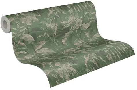 livingwalls Dschungel-Vliestapete – Grün, Gold, Metallic – 10,05 x 0,53 m | Florales Dschungel-Motiv als natürlicher Blickfang – schimmernde Motivtapete, einfach zu verkleben & spurlos abziehbar