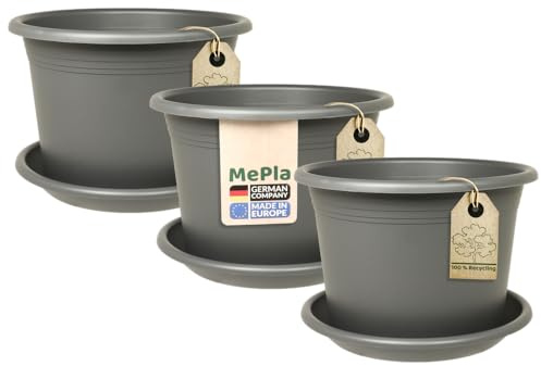 MePla 3 x Set Blumentopf Cylindro ø60cm + Untersetzer ø58cm Anthrazit, wetterfest aus UV-beständigem Kunststoff