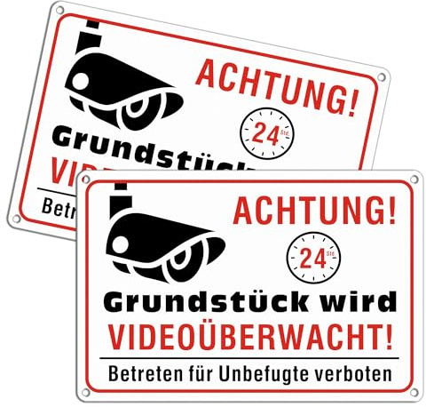 TAKULA Videoüberwachung Schild 30x20cm 2er-Pack für Grundstück Alu | Metallschild, wetterfest, rostfrei, für Außen- & Inneneinsatz, Grundstück, Hof, Lager, Büro, sichtbare Warnung, abschreckend