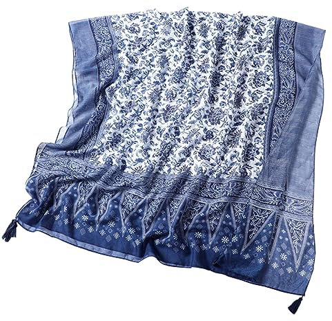 LIFKOME Blau-weißer Damenschal Aus Baumwolle Mit Porzellanmuster Und Fransen Langlebig Und Bequem Für Picknick Strand Yoga Und Camping
