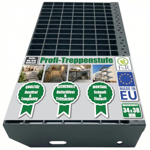 F & R Metallstufe 1000x270 mm RAL 7016 Anthrazit – Gitterrost Treppenstufe Aus Pulverbeschichtetem Stahl – Rutschfest Witterungsbeständig Ideal Für Außentreppen