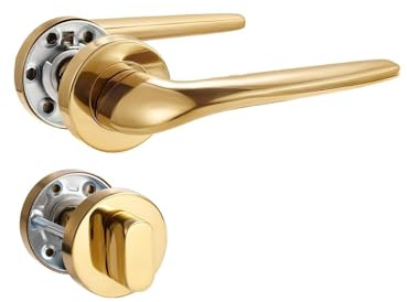 SORWDUERM Türgriff Pvd Gold Drückergarnitur, Edelstahl matt gebürstet, Türklinke für Haustür und Innentür, L-Form, WC, Rund-Rosette