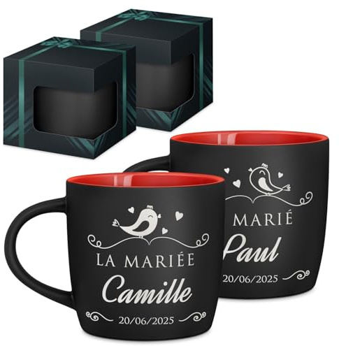 Maverton 2x Tasse Personnalisable, Set 2x Mug personnalisé | Cadeau Personnalisé Anniversaire Mariage, Couple Couple Saint Valentin, Tasse a cafe rouge avec prénom, jeunes mariés