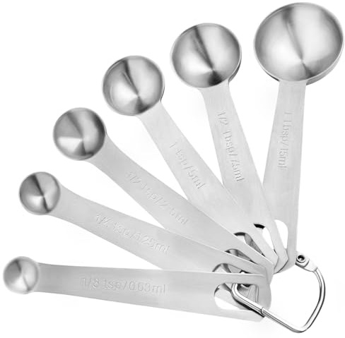 Stainless Steel Measuring Spoons Set, 6 Piece Metal Measuring Spoon Set for Dry & Liquid Ingredients, Heavy Duty 18/8 Steel with Engraved US & Metric Marks, Nesting Kitchen Spoons for Cooking Baking