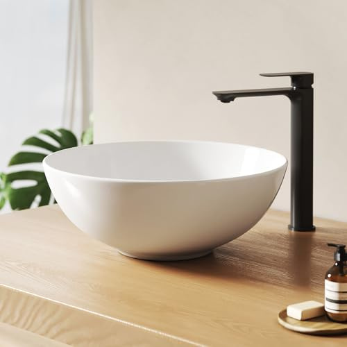 EMKE Lavabo Rotondo 41,5 × 41,5 × 15,5 cm – Lavabo da Appoggio in Ceramica di Grande Capacità per Bagno e WC Ospiti, Senza Foro per Rubinetto, Bianco Lucido
