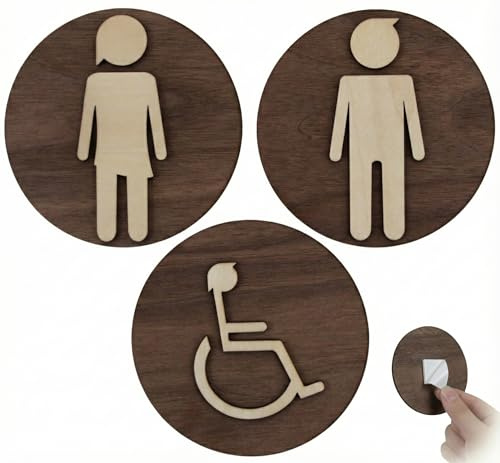 SOULVLAC Set de 3 Cartel Baño de Madera - Carteles de Baño Mujer, Hombre y Adaptado - Cartel Aseos de Diseño Artesanal, Original y Sostenible - Carteles WC Adhesivos