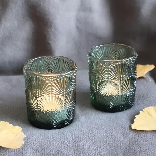 Vohocandle Photophore vert en verre avec 12 photophores verts vintage pour la décoration de table lors de fêtes de mariage, photophore Ginkgo Noël pour les décorations d'automne, d'Action de Grâce et