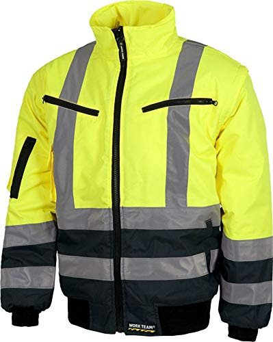 WORKTEAM Cazadora Piloto Alta Visibilidad Impermeable Acolchada con Mangas Desmontables, Cintas Reflectantes, Protección Contra Frío, Clase 2, Hombre Amarillo A.V.+Marino L