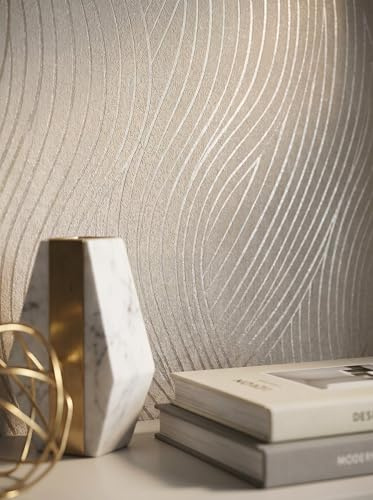 Newroom carta da parati TNT beige, crema e oro con linee ondulate grafiche per soggiorno - righe effetto 3D 10,05x0,53m rapporto dritto Made in Germany