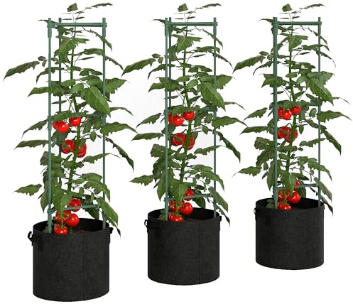 Outsunny 3 Packs Tomato Cages with 83.7L Grow Bags 120cm Adjutstable Stakes | Triangle Plant Stakes Support Trellis, Planter Bags, Garden Cucumber Trellis Plant Cages, for Climbing Plants, Fruits