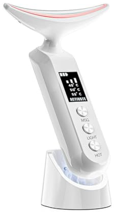 Masseur de visage avec station de charge portable, thérapie par lumière rouge pour le visage et le cou, 3 réglages de chaleur (45 °C/50 °C/55 °C), massage facial vibrant, autonomie de 30 jours, outil
