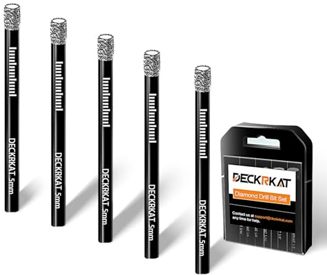DECKRKAT 5-Piece Dry Diamond Drill Bits Set 5mm Vacuum Brazed Diamond Hole Saws for Granite Tile Ceramic Marble Stone Glass and More Hard Materials (not for Wood), Round Shank with Storage Case.