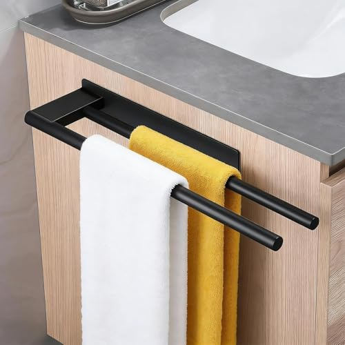 FALSKT Toalleros de Baño sin Taladro con 2PCS Adhesivas para Baño y Cocina | Negro Toallero Adhesivo Doble Barra de Acero Inoxidable 39cm Colgador Toalla Baño de Pared para Baño y Cocina