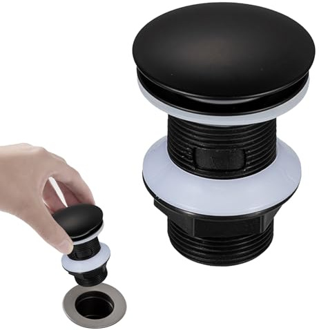 Tapon Pop Up Lavabo, Desague Lavabo Universal sin Rebosadero, Tapon Lavabo Click Clack, Conexión G1¼, para Baño y Mueble Lavabo, Negro Mate