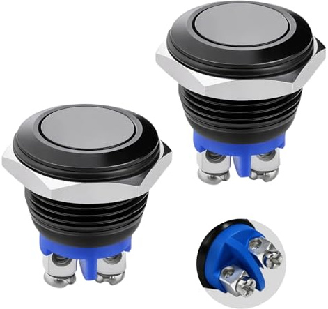 2 Piezas Pulsador Momentáneo 16mm Impermeable IP65, Interruptor 12V Autorretorno, Pulsadores Momentáneo de Metal con Contacto de Plata, Interruptor 12V Impermeable para Coche y DIY