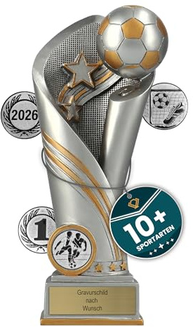 Pokal mit Gravur Wunschtext, Resin, Sportemblem nach Wahl, 3 | Personalisierte Auszeichnung für Fußball WM & Sport Events, inkl. Marmorsockel, Farben gold