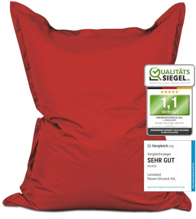 Lumaland Riesen-Sitzsack XXL 140x180 cm | Wasserfestes Indoor & Outdoor Liegekissen mit über 3 Mio. anpassungsfähigen EPS-Perlen | Bean Bag mit waschbarem Bezug [Rot]