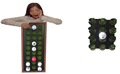Golf-Ball Vitrine als Bilderrahmen mit Kunstrasen 27 Golfbälle zum Stellen und hängen (Birkenachbildung) (mittelbraun)
