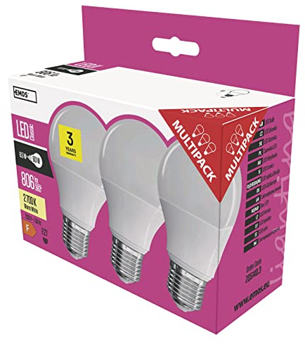 EMOS LED Lampe 3er Pack / A60 / A+ / 9 W/ersetzt 60 W Glühbirne / E27 Sockel/Lichtleistung 806 Lumen/Warmweiß – 2700 Kelvin / 30000 Stunden Lebensdauer, Glas, Transparent, 15,2 x 6 x 11,2 cm