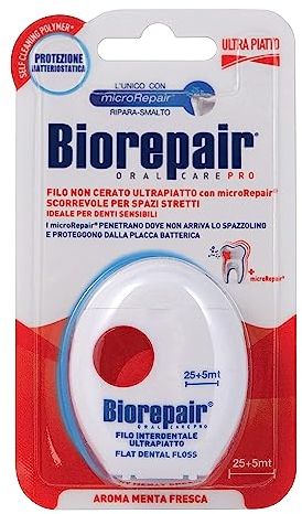 Biorepair, Filo Interdentale Cerato Ultrapiatto 30mt, Ideale per Spazi Stretti, con MicroRepair che Proteggono dalla Placca Batterica, Inibisce la Crescita Batterica Fino al 90%, per Igiene Orale