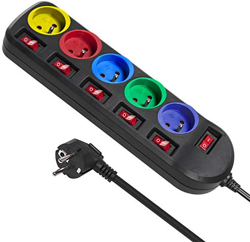 Maclean MCE204 - Regleta de 5 enchufes con Interruptor, protección Infantil, 2500 W, Color Negro y Multicolor
