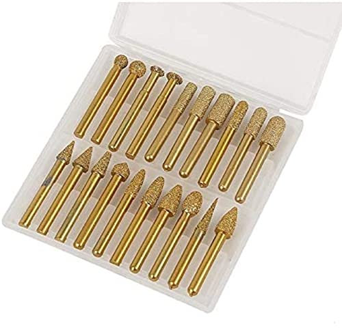 KATSU Diamond Burr Set for Rotary Tool 20PCs 6mm Shank Die Grinder Electro Plated Diamond Burr Drill Bits Set Coarse Grit #46 for Engraving Carving Grinding Polishing Sanding 124303