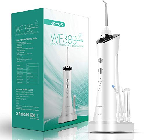 VOYOR-HEALTH Irrigador Dental Portatil, Irrigador Bucal Profesional Inalámbrico 3 Modos 4 Boquillas, IPX7 Impermeable Recargable Limpieza Dental para Viajes y Uso Doméstico WF300 (Blanco)