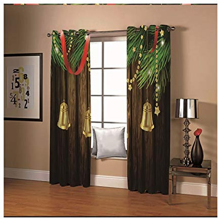Daesar Tende Coprenti 2 Pannelli, Tende Vetro Moderne Campane e Stelle e Tavola di Legno del Nastro Tende A Vetro Marrone Verde Giallo Tenda Oscuranti Finestra 107x274CM