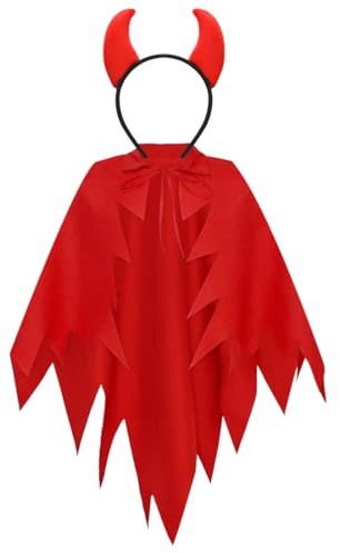 Wishstar Teufel Kostüm Damen, Halloween Umhang Mit Teufelshörner Haarreif, Rot, Für Karneval-Cosplay