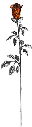 AMBEDORA Eternal Rose 925 Silber Oxidierte Rose Baltischer Bernstein Handgeschnitzt Große Silberrose mit Bernsteinkopf in Cognac Farbe 15 cm